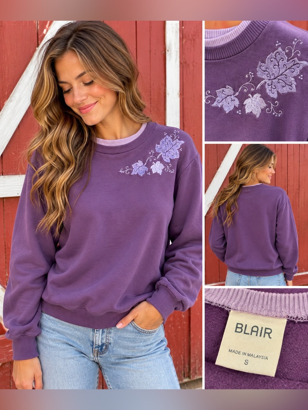 Vintage Blair Purple Floral Embroidered Crewneck Sweatshirt Women’s S Made USA